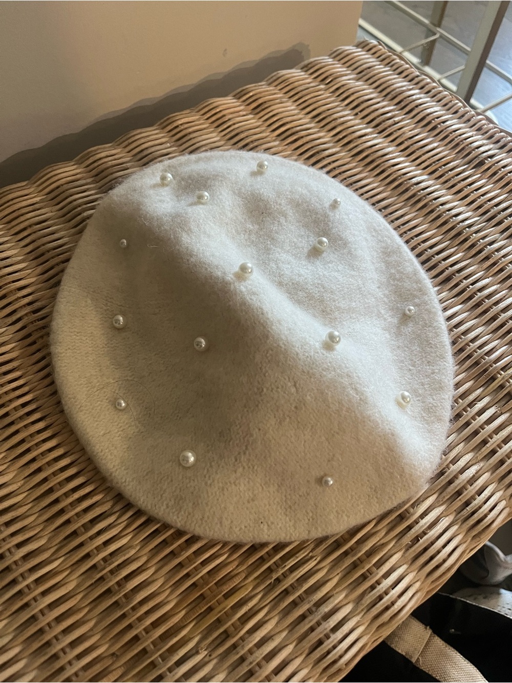 Cream Wool Beret with Pearl Accents
